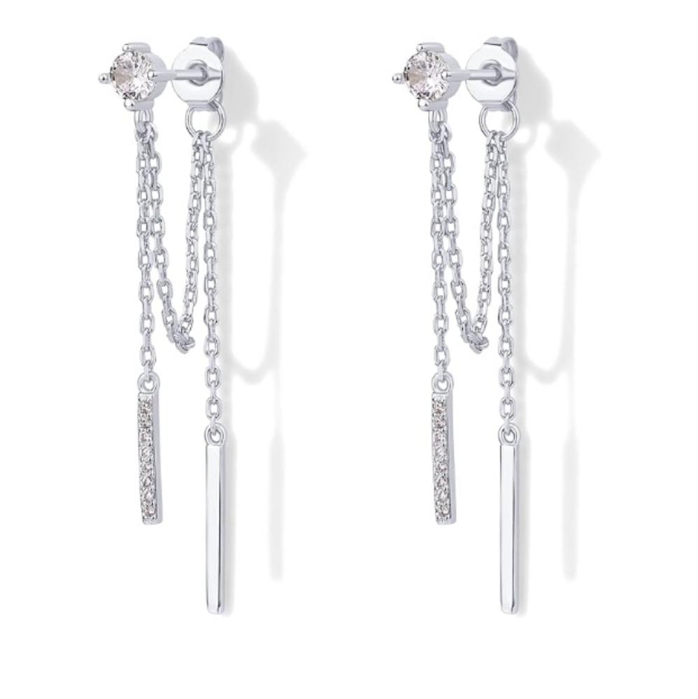 18K Gold Plated Sterling Silver Posts Drop Dangle Chain CZ Earrings White Gold